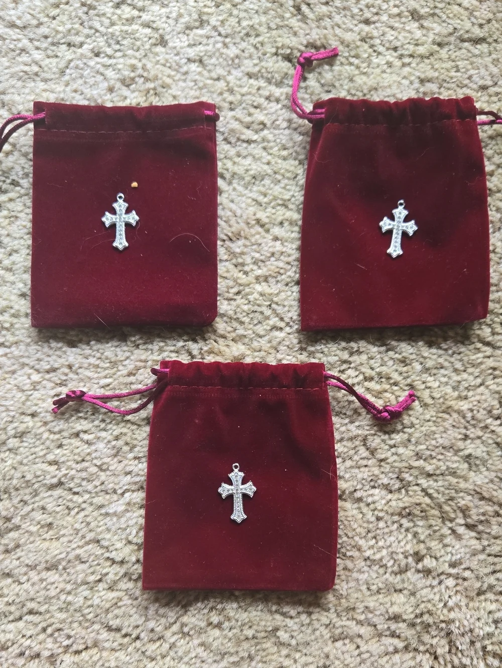 Kids Velvet Drawstring Pouch with Silver Cross Accent - Burgundy